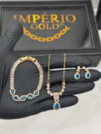 Conjunto Gota Azul Céu, pedraria PULSEIRA+ BRINCOS E COLAR