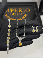Conjunto Gota Amarela Pedraria BRINCOS+ PULSEIRA E COLAR