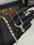 Conjunto Gota Amarela Pedraria BRINCOS+ PULSEIRA E COLAR