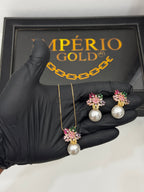Conjunto Pérola+ Pedraria Colorida