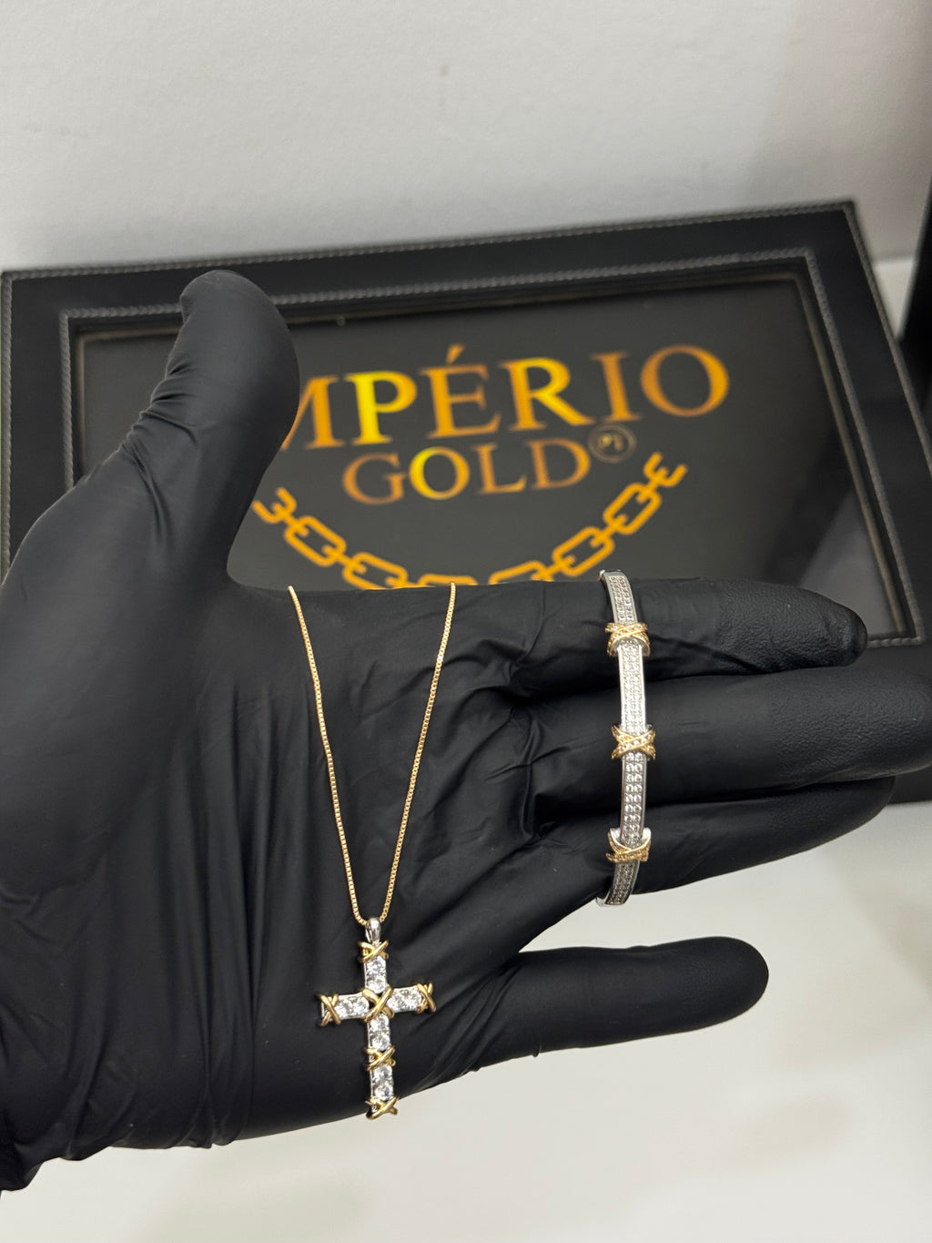 Conjunto Bracelete + colar em Ródio