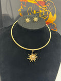 Conjunto Brincos + Gargantilha de sol, banho de ouro