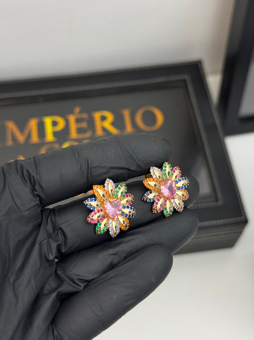 Brinco Flor colorida banho de ouro